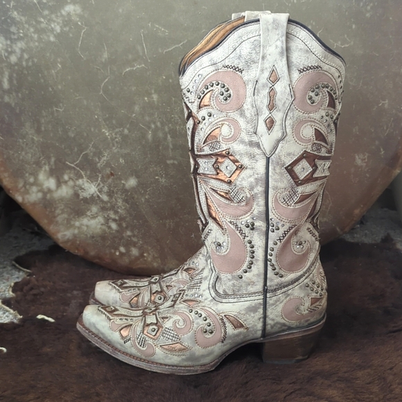 CORRAL AB084 "Sadler" ivory leather bronze cross cowgirl boot snip toe sz 9.5 - Picture 4 of 16